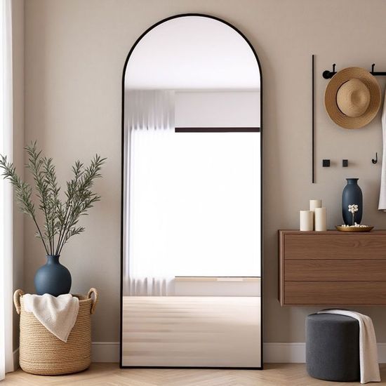 Miroir pleine longueur 165x60 cm sur pied, design arc, cadre aluminium, verre trempé, chambres, salons et dressings, noir mat | Leroy Merlin