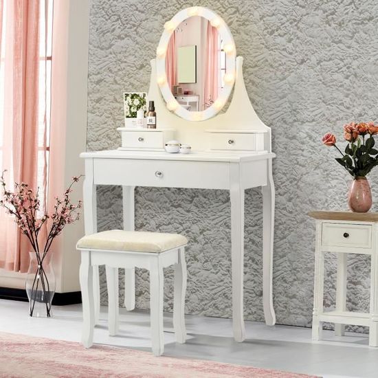 Coiffeuse Miroir LED 10 Ampoules 3 Modes - Table Maquillage 5 Tiroirs Avec Tabouret Blanc