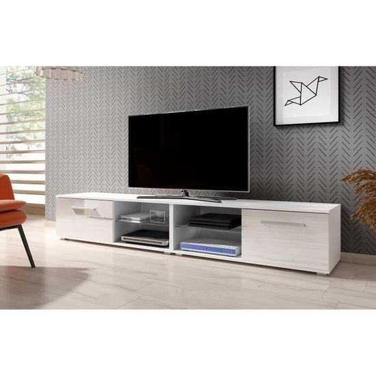 3xeLiving Meuble TV moderniste Punes blanc / blanc brillant 200 cm
