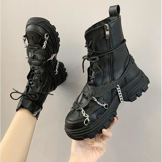 Bottes Plates Gothiques/techno à Boucles - Taille 35 à 43 - Cuir Noir, Plateforme - Neuf Avec Emballage