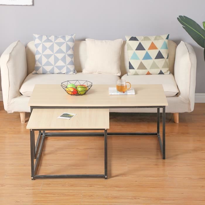 Lot de 2 Table Basse Gigognes Pieds en Métal Noir Design Industriel L113xL60CM et L100xL60CM