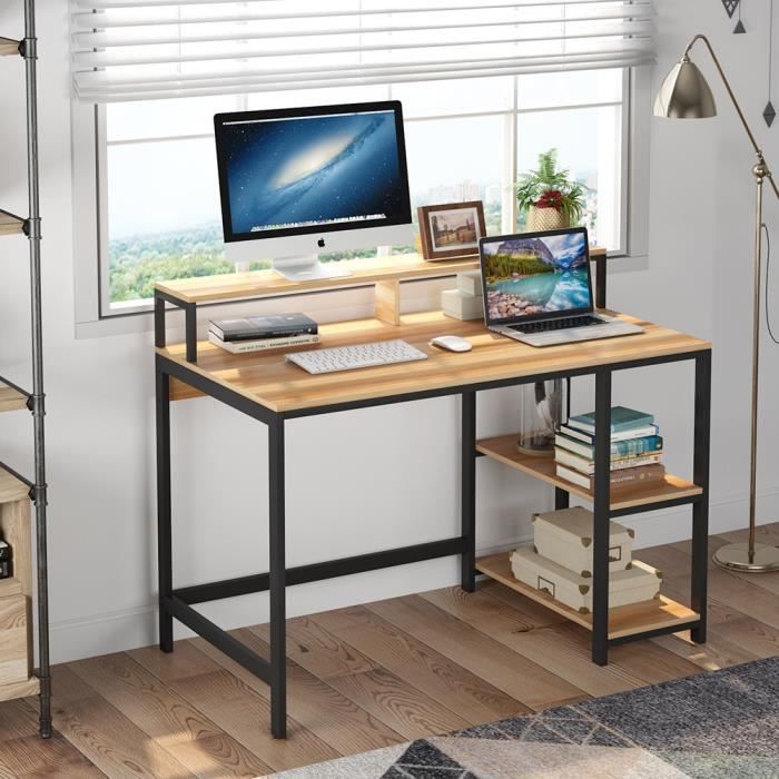 Bureau d'ordinateur de bureau avec huche et 2 étagères de rangement Station de travail de table d'étude de travail -Bois d'érable