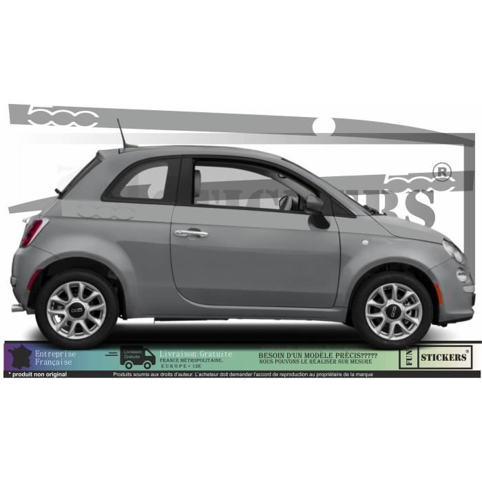 Fiat 500 - GRIS ALU - kit Bandes latérales Logos 500 - Tuning Sticker Autocollant Graphic Decals