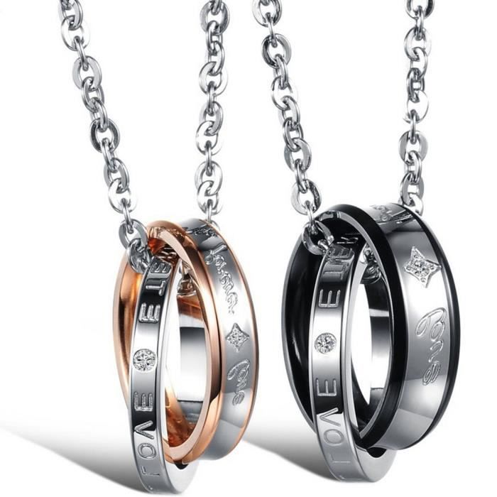 Flongo 2 Pièces Acier Inoxydable Pendentif Collier Forever Love Argent Or Noir Anneau Amour Valentine Couple His-Hers Fixer