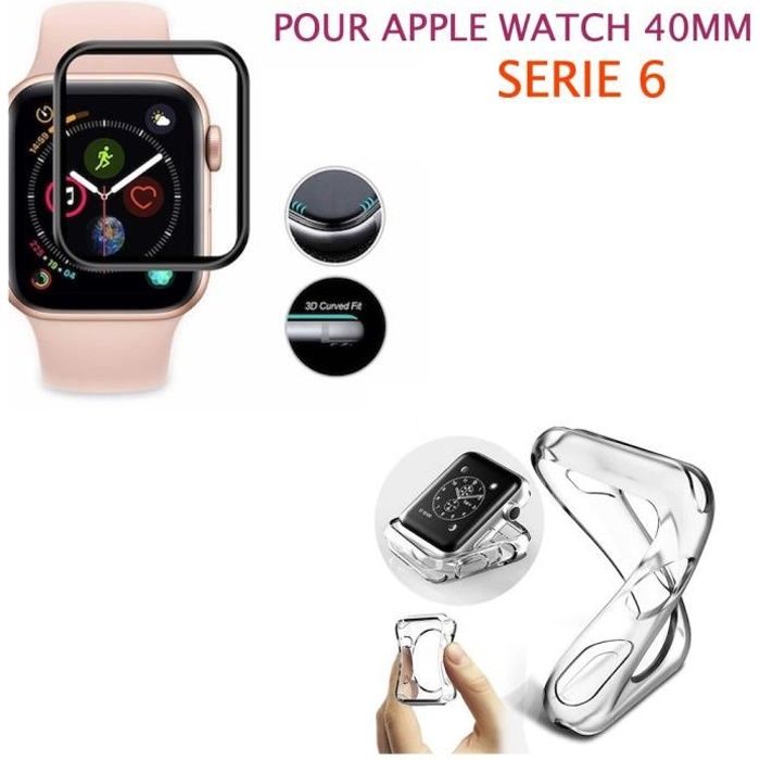Verre trempé 3D noir protection écran totale intégrale APPLE WATCH 40MM série 6 + COQUE SILICONE
