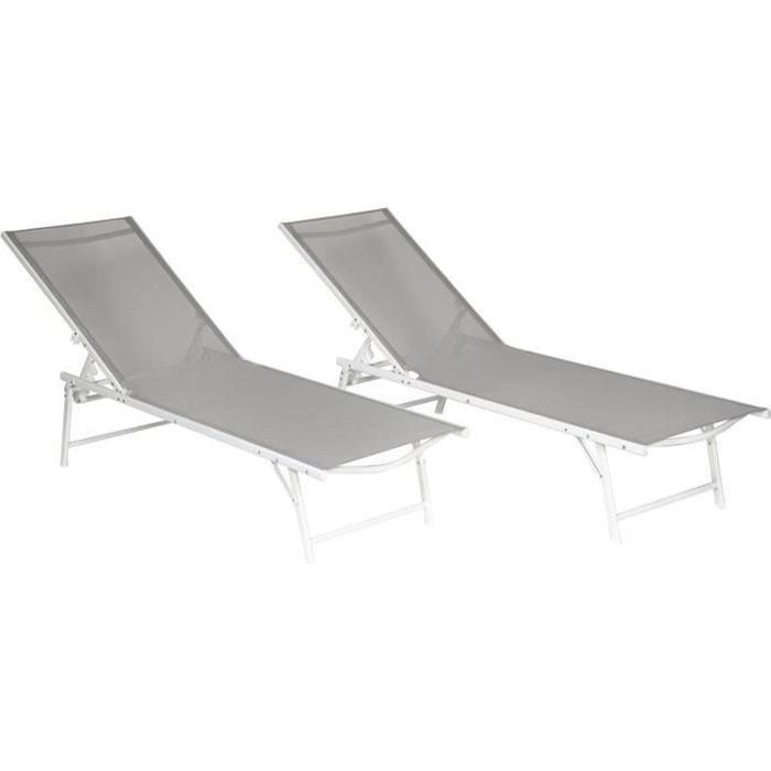 Lot de 2 bains de soleil pliants SICILIA en textilène gris - structure blanche - Gris