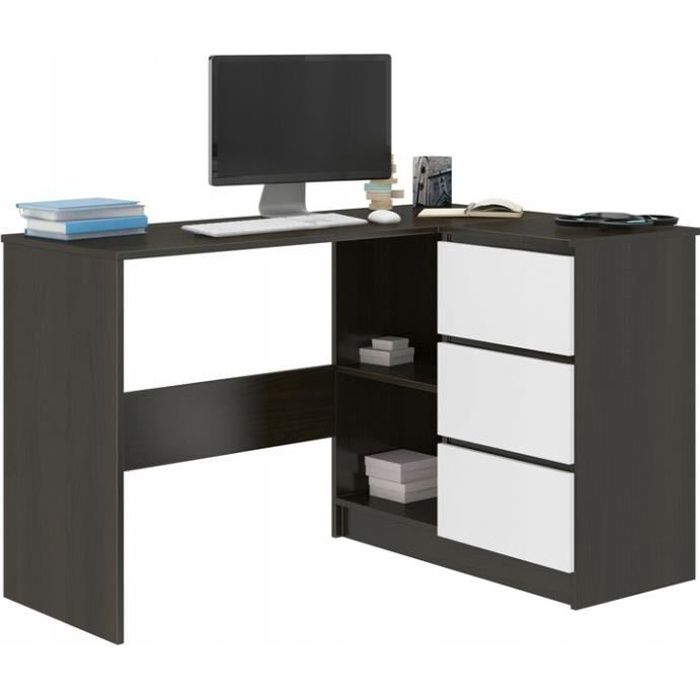 REX W - Bureau d'angle avec rangements + 3 tiroirs - 112x87x76 cm - Table d'ordinateur - Table de travail - Wengé Blanc