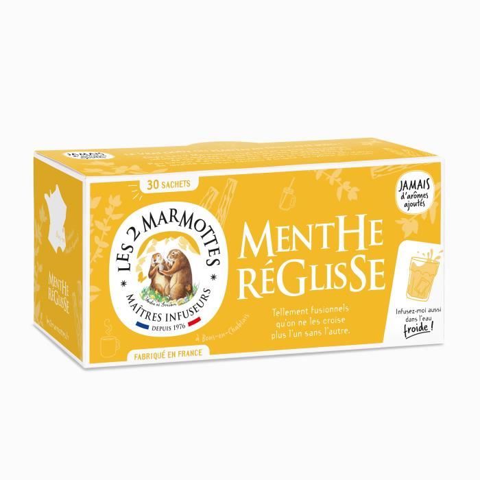 Les 2 Marmottes - Infusion Menthe Réglisse BIO - Fraiche et Boisée - Tisane Gourmande - A Consommer Chaud ou Froid - 30 sachets