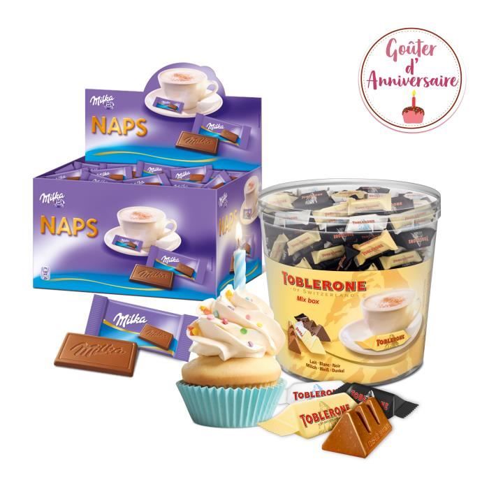 Box goûter anniversaire - Milka Naps & Minis Toblerone - Chocolat au lait, noir et blanc - Format Pratique