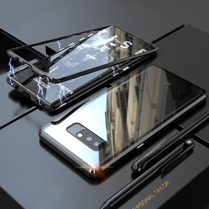 Samsung Galaxy Note 8 Coque Technologie d'adsorption Magnétique, Ultra Fin Métal Frame + Arrière en Verre Trempé Etui Housse - Noir
