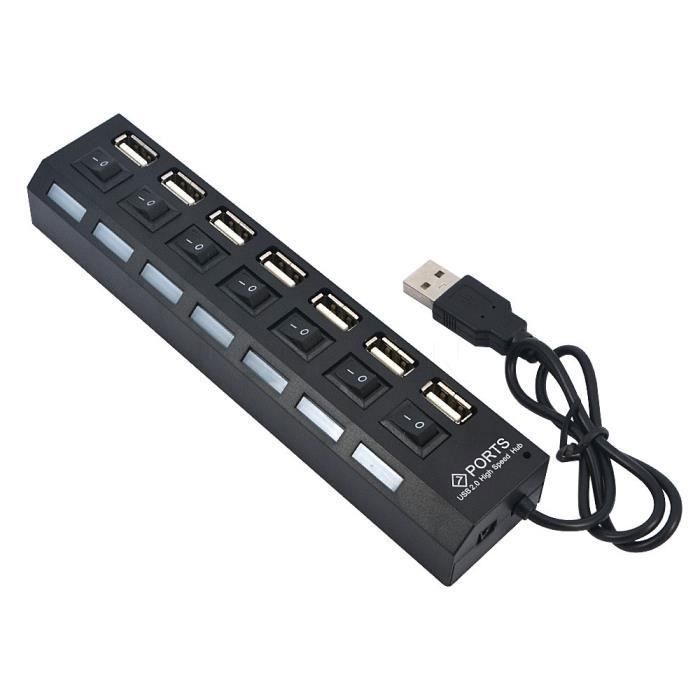 Hub USB 2.0 - 7 ports - Switch on off - Noir