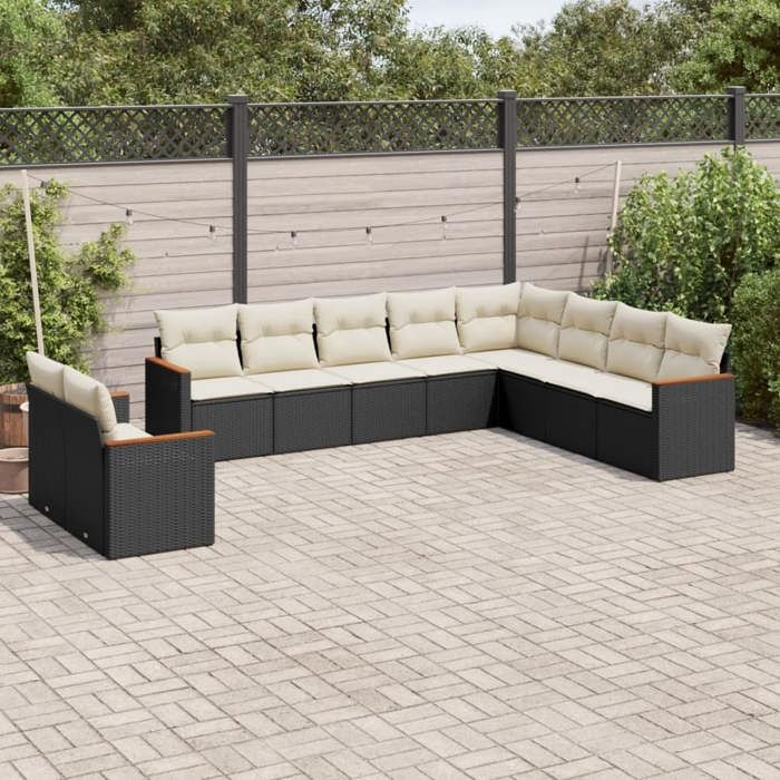 vidaXL Salon de jardin 10 pcs avec coussins noir résine tressée 3258514