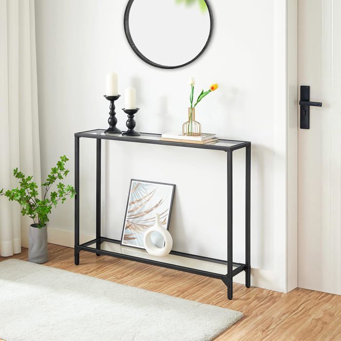 Table Console en Verre - HOOBRO - 100 cm Table dEntrée - Noir - Rectangulaire - Design Contemporain