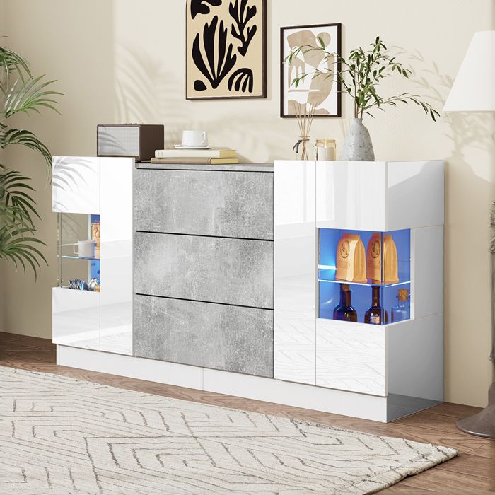 Buffet avec 2 portes et 3 tiroirs aspect marbre Gris éclairage LED - SWEIKO - Blanc(140x35x75 cm) Buffet avec 2 portes et 3 tiroirs aspect marbre Gris éclairage LED - SWEIKO - Blanc(140x35x75 cm)