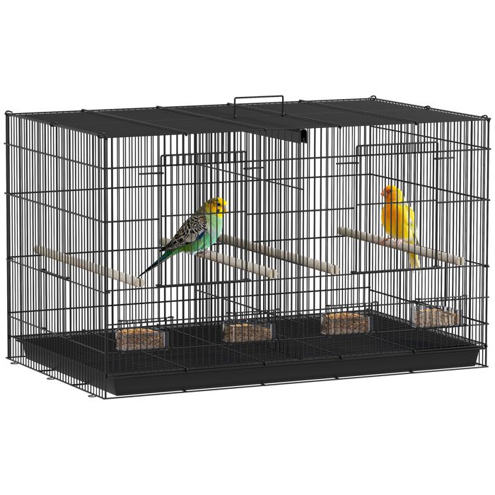 Cage à oiseaux - PawHut - en acier - avec séparateur 4 perchoirs en bois plateau coulissant 4 mangeoires - 76 x 46 x 46 cm - noir