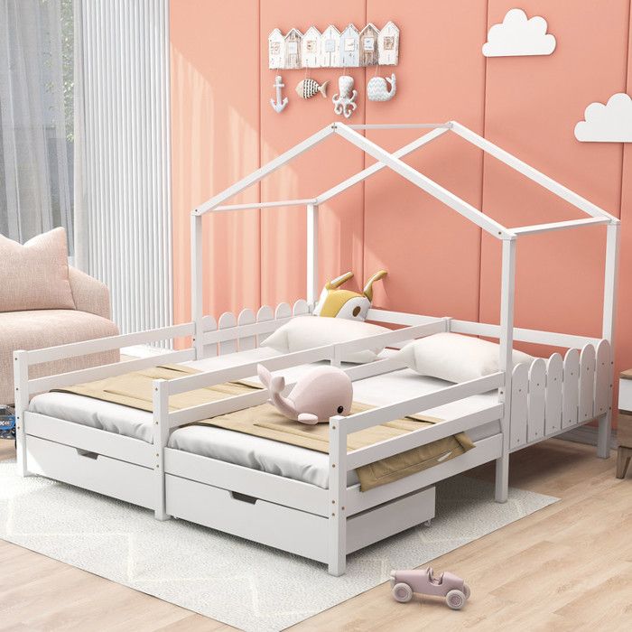 Lit enfant 90x200 cm Lit 2 personnes Lit double avec 2 tiroirs en MDF Tiroirs sur roulettes Sommier à lattes en pin Blanc