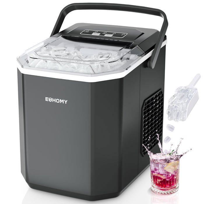 EUHOMY Machine à Glaçons Portable 12kg/24h - Fait 9 Glaçons En 6 Min - Silencieuse (<45 DB) - Autonettoyante - Avec Poignée Et Fenêtre Transparente - Noire
