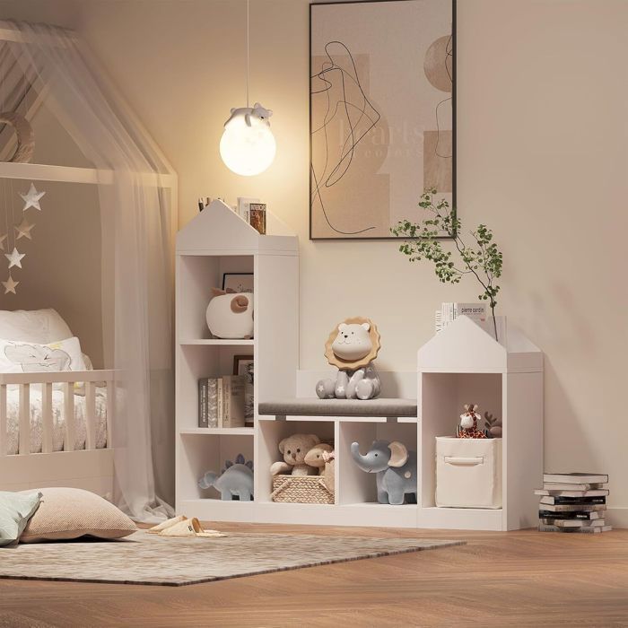 Bibliothèque Enfant avec Coussins - PROMIRACAL - 121x30x108cm - Meuble 2-en-1 Lecture et Rangement - Antibasculement - Blanc