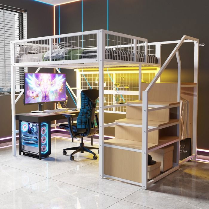 Lit mezzanine adulte 140x200 cm Lit enfant en fer avec bande LED escalier de rangement armoire et sommier à lattes - blanc