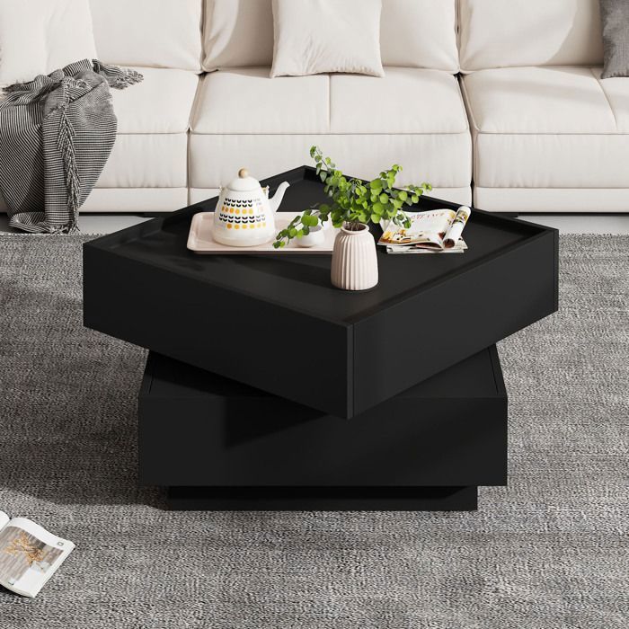 Table Basse avec 2 TiroirsPivotante à 360°Table dappoint pour Salon Chambre Bureau60x60x38cmNoir
