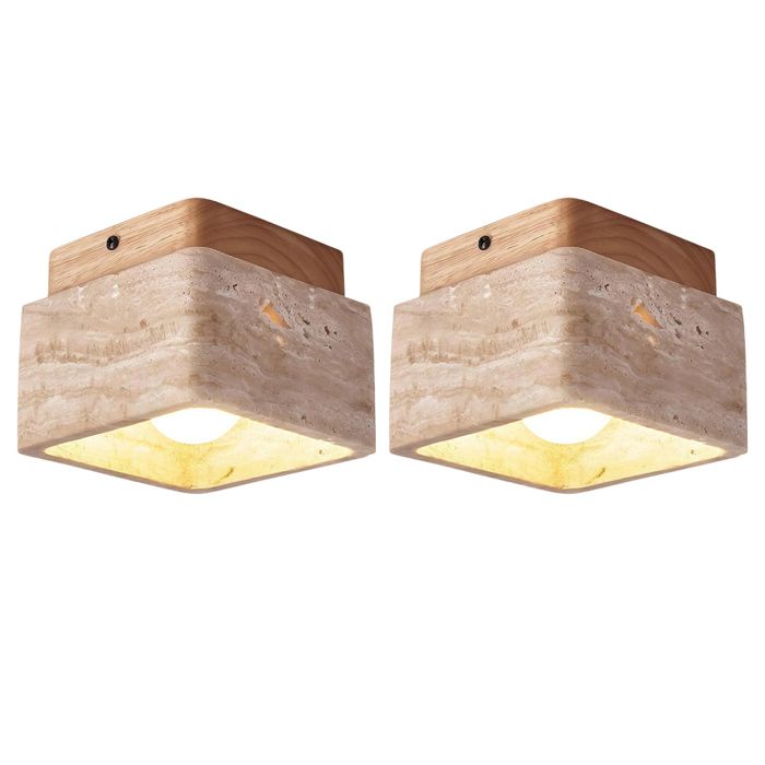 iDEGU 2x Plafonnier Vintage en Carré Lampe de Plafond Abat-jour en Travertin Jaune Naturel Lustre Retro Bois Brut pour Salon Chambre