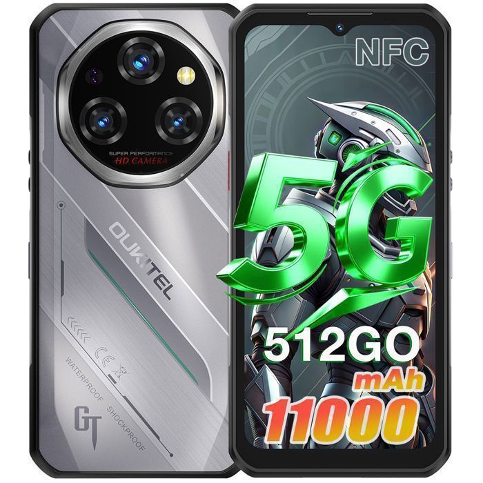 OUKITEL WP62 5G Smartphone Robuste 36Go + 512Go 11000mAh/33W 108MP Caméra 66 Écran IP68 Téléphone Double SIM NFC GPS - Argent