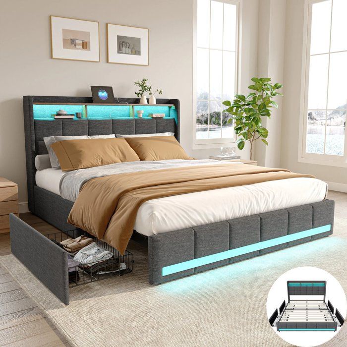 Lit 140x190 cm avec LED et 4 tiroirs lit adulte avec chargement USB lit double lit 2 personnes sommier à lattes Lin Gris