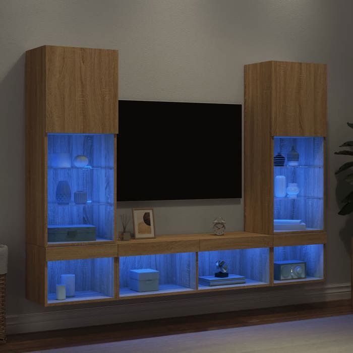 Meuble TV mural avec LED - VIDAXL - 5 pièces - Chêne sonoma - Bois dingénierie - 40.5x30x102 cm - Éclairage LED RVB