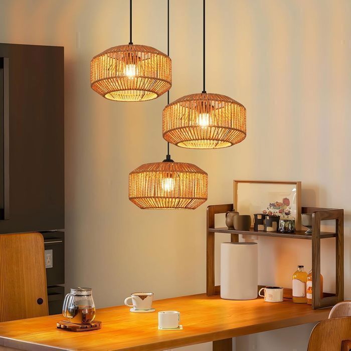 Suspension Rotin Naturel NETTLIFE 3 Lumières Design Bohème Chic E27 Métal Noir Court pour Salle à manger Salon Entrée Couloir