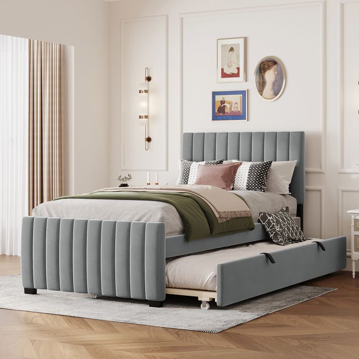 Lit gigogne 90x190 cm en velours gris tête matelassée à rayures verticales — lit enfant avec tiroir