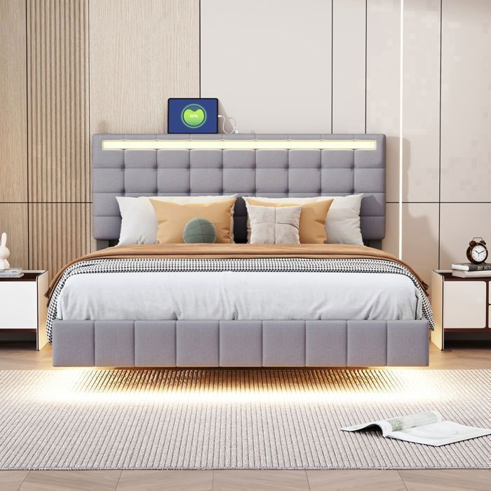 Lit flottant 140x190 cm avec LED Cadre de lit DAIDAI Sommier à lattes 140x190 cm Scandinave Lin Gris