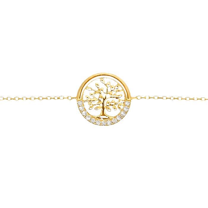 Bracelet Femme ARBRE DE VIE Plaqué Or 18 Carats & Oxydes Zirconium Brillants Longueur 17-20cm Ajustable Bijou Poinçonné Cadeau Chic