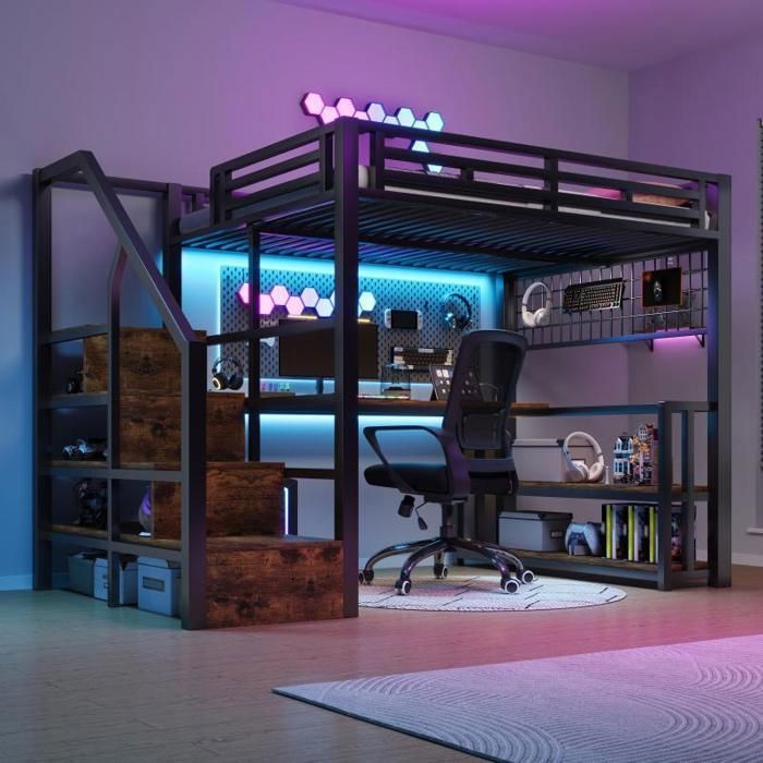 Lit Mezzanine 140x200 - VVBV - Modèle 140x200 - Métal & MDF - LED intégrée - Ports USB/Type-C