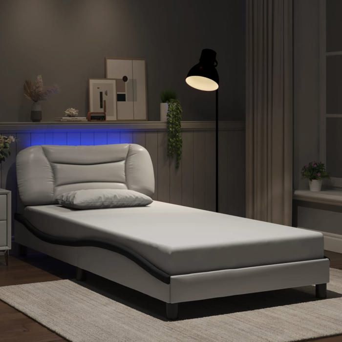 SOLO - NEUF Cadre de lit 1 places - design contemporain - pour adulte - avec LED sans matelas - Hvar blanc et noir 100x200cm 7000 39