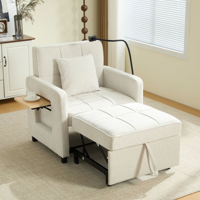 Fauteuil 167*79*83 cm - Fauteuil en chenille avec petite table - Canapé-lit 1 place - Chaise longue - Blanc