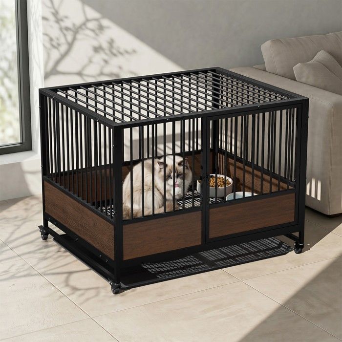 Cage à Chats avec Roulettes - BingoPaw - Cage Chat Intérieur Empilable pour Chatterie - Fond à Grille avec Bac 83x65.5x65cm