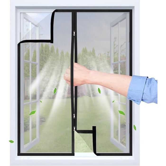 Moustiquaire Fenetre Adhésive avec Fermeture Éclair 90x125 cm Bande Auto-agrippante Trparent et Tissu PP Noir 90B x 125H cm