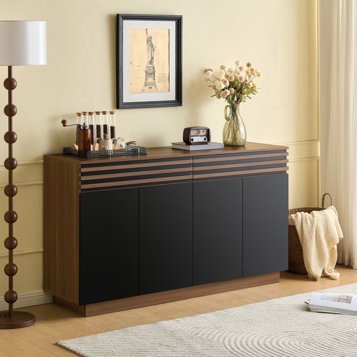 LINHOO Buffet 150x40x85 cm Effet Bois Marron avec Portes Noires 2 Tiroirs et 4 Portes pour Salon et Salle à Manger