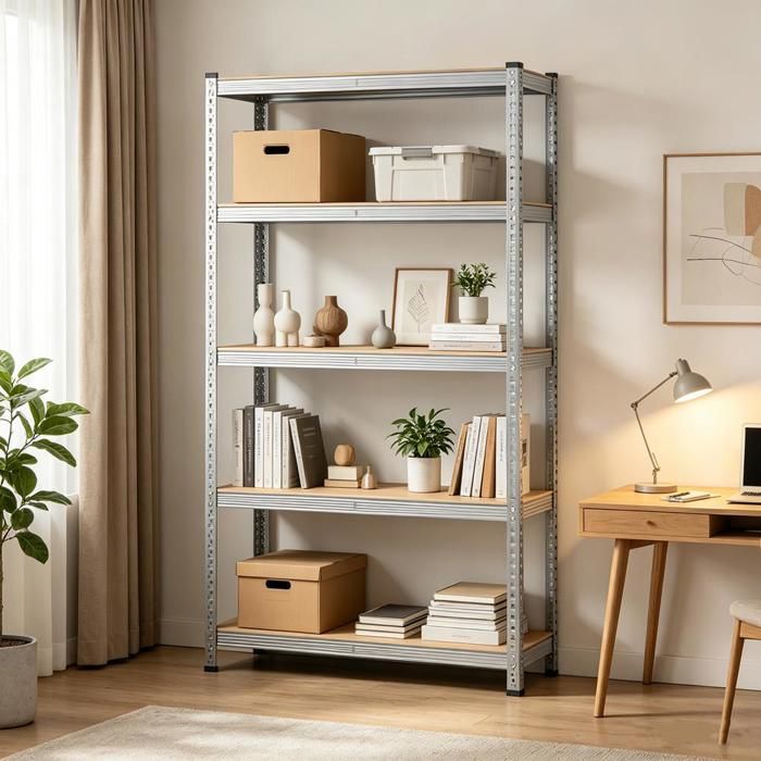 LVHCMFOHM Étagère de Rangement en Métal - Avec 5 Niveaux Réglables - 100x50x200 cm - Pour Garage/Cave/Maison - Argent