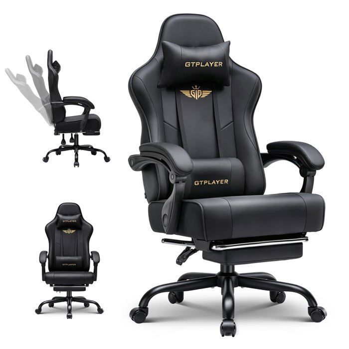 Chaise gaming ergonomique - GTPLAYER - GTPLAYER - Repose-pieds escamotable - Appui-tête & lombaire réglables - Capacité 180 kg