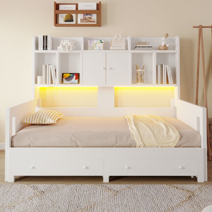 Lit banquette gigogne en bois 90x190cm extensible 180x190cm Lit Combiné 2 tiroirs rangements Prises + USB，