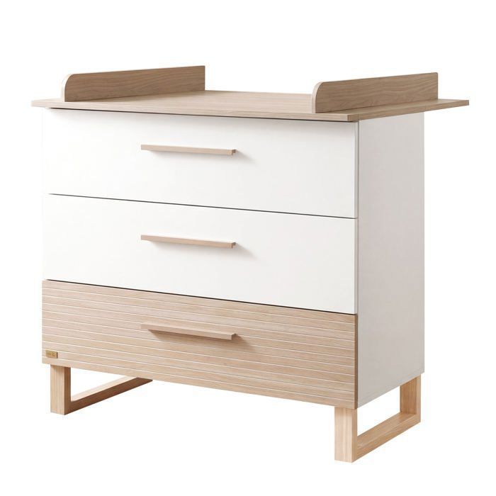 Commode à langer - ROBA - Noah - 3 tiroirs à sortie totale - Plan à langer amovible - Blanc / Chêne