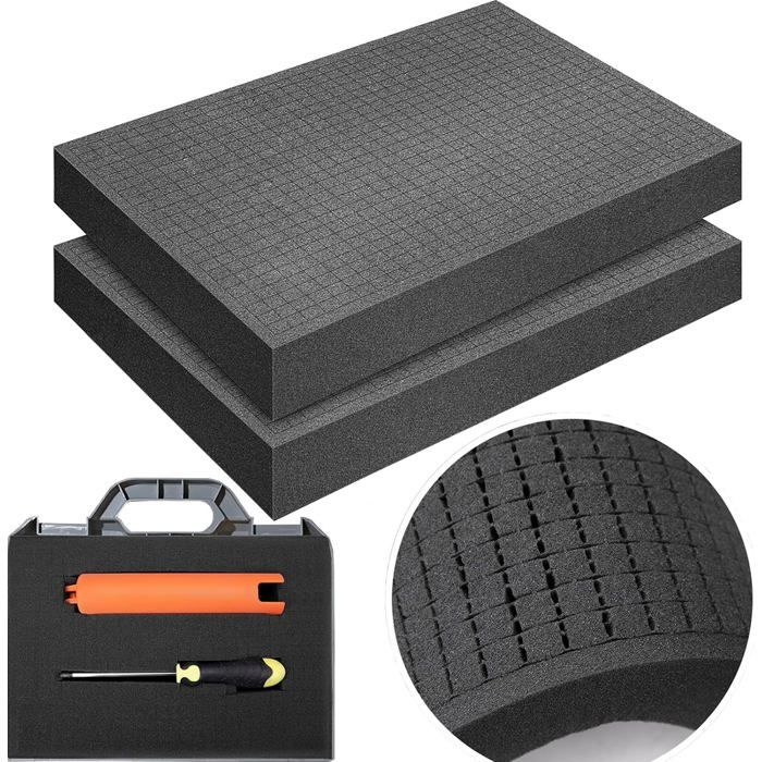 Mousse pré-découpée polyuréthane - lot de 2 - 40 x 30 x 5 cm - grille 10 x 10 mm - insert boîte à outils et Mousse pré-découpée polyuréthane - lot de 2 - 40 x 30 x 5 cm - grille 10 x 10 mm - insert boîte à outils et