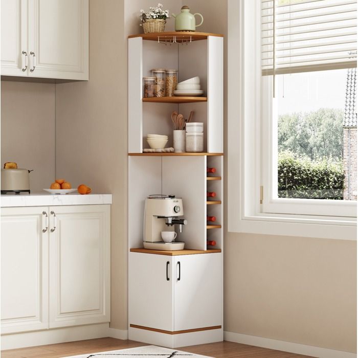 Meuble Bar dAngle Haut avec Porte-Verres et 4 Casiers - LPOSPI - Rangement avec Placard Bas MDF Blanc 40 × 40 × 182 cm
