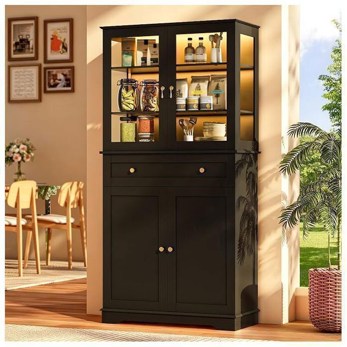 Buffet de cuisine -avec éclairage LED RGB-4 ports-1tiroir-3 étagères réglables-pour salon/salle à manger-40 x 80 x 180 cm Noir