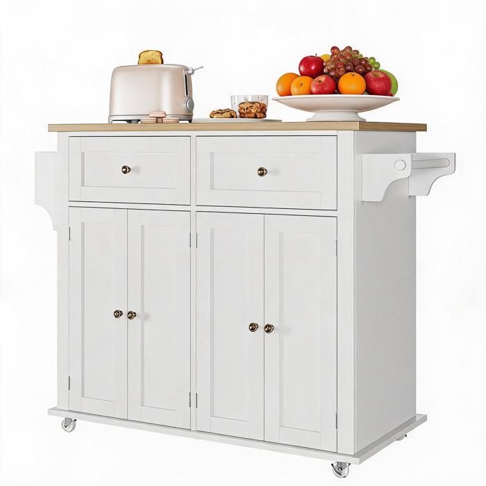 Îlot de cuisine roulant – Plateau en bois massif grand chariot de rangement avec tiroir armoire porte-épices porte-serviettes