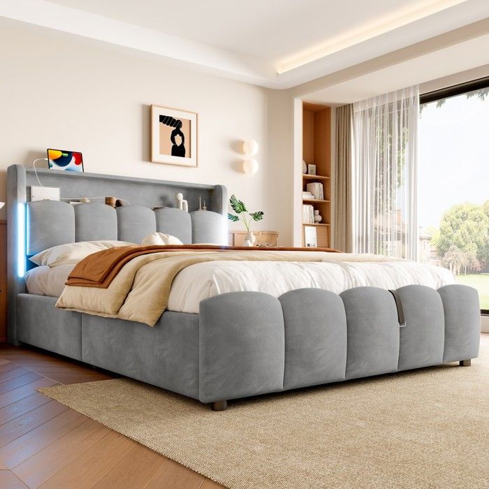 Lit Double-Capitonné-Velours Gris 140x200cm-Tête Lit Rangement-LED-USB-C-Coffre Hydraulique-Sans Matelas-Confort-Gain Place-Chic