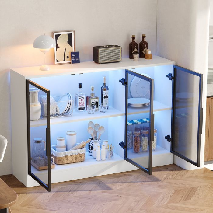 Vitrine LED en verre - 120 x 30 x 73 cm - Blanc - Façades en verre gris - Bande lumineuse LED intégrée