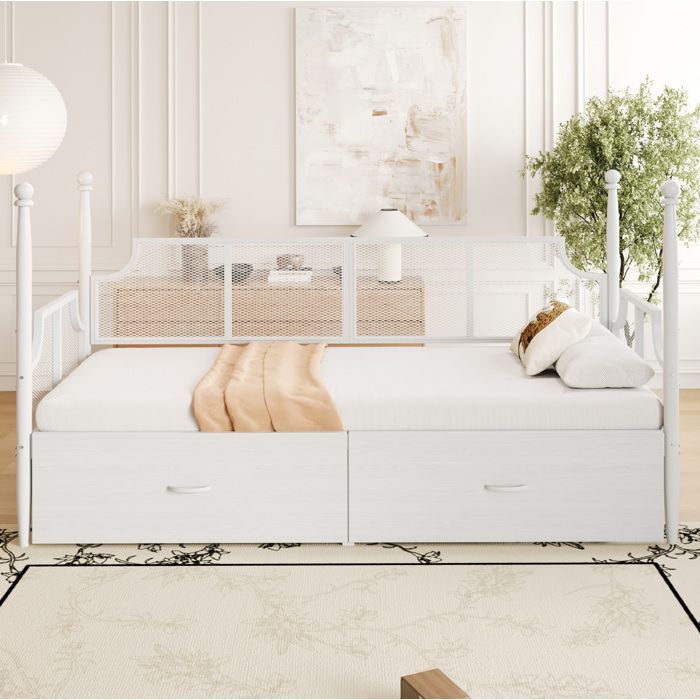 Lit Banquette Simple 90×200 cm 2 Tiroirs Dossier Grillagé et Accoudoirs - BEAUNIV - sans matelas Métal Blanc