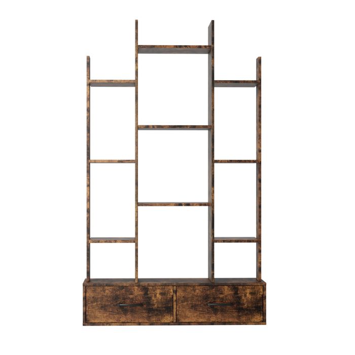 Bibliothèque sur pied – 12 étagères ouvertes et 2 tiroirs – style industriel vintage marron
